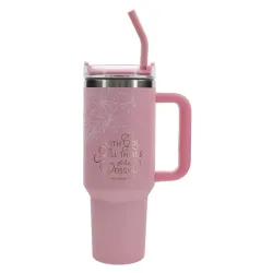 With God All Things Are Possible - Pink Large Stainless Steel Mug with Handle and Straw