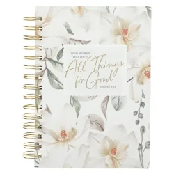 God Works Together All Things for Good - White Floral Hardcover Wirebound Journal